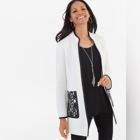 Chico's Jacket Boiled Wool Topper Laser Leather Pocket Detail Ecru longline - Picture 1 of 12